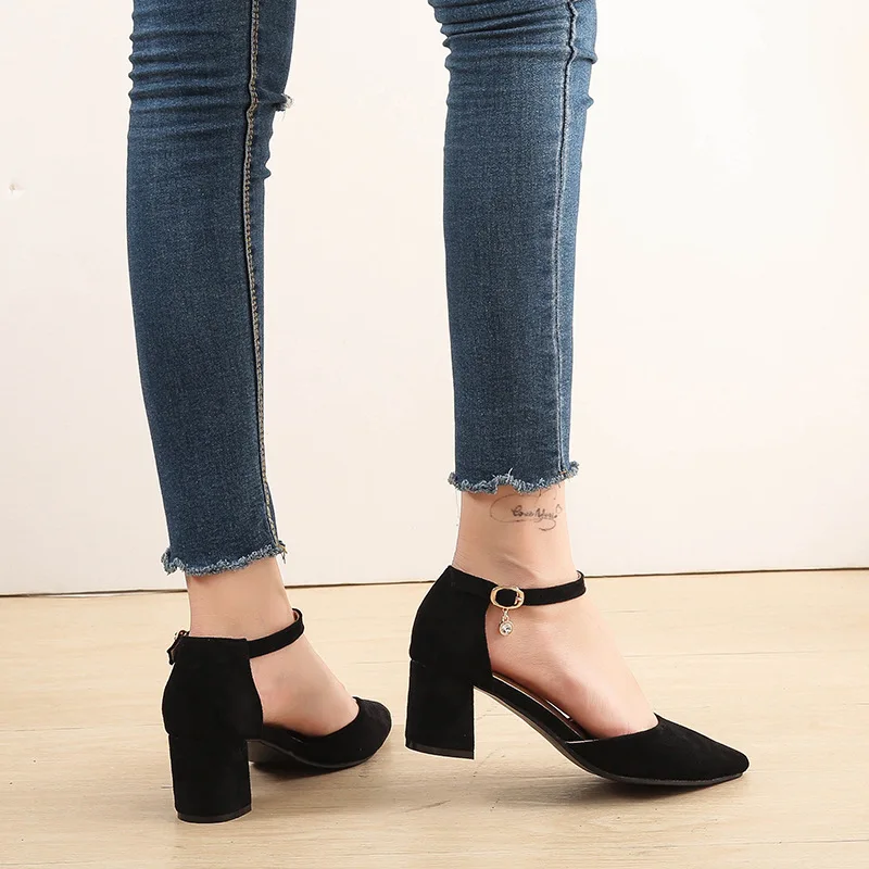 

2019 Spring And Autumn Korean-style Pointed Shoes Suede Low-Cut 5 Cm High Heel Shoes Side Cutouts Metal Buckle with WOMEN'S Shoe