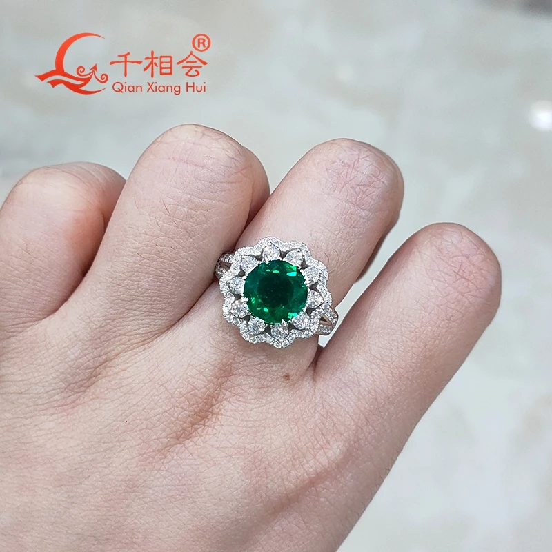

925 silver flower ring 9mm green color round shape Emerald STONE with melee moissanite for Wedding Engagement Party jewelry