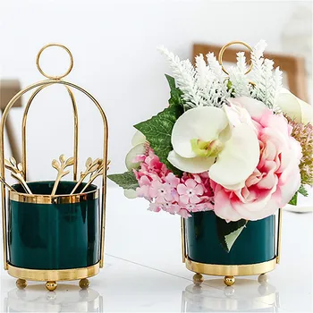 

Creative Ceramic Storage Tank Metal Fruit Dessert Fork Spoon Makeup Brush Storage Holder Flower Pots Container Home Decoration