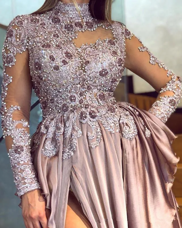 Aso Ebi Arabic Lace Beaded Crystals Evening Dresses Long Sleeves Sexy vintage blush Chiffon Formal Second Reception prom Dresses