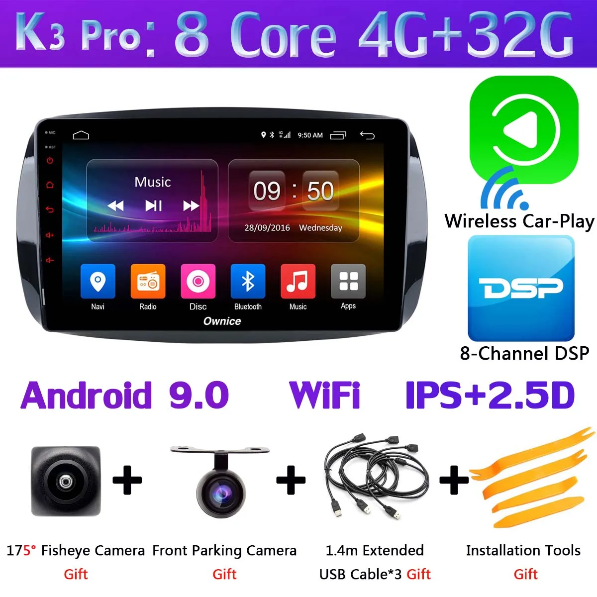K3 Pro CarPlay 360 ° камера 4G LTE Android 9,0 4G+ 64G SPDIF DSP CarPlay Автомобильный мультимедийный плеер для Mercedes Benz Smart Fortwo- gps радио - Цвет: K3 Pro CarPlay