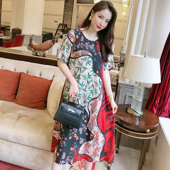 

T2010 Spring and Summer Stitching Printing High-Grade Temperament Fashion Young Medium-length Dress Round Neck 100% Silk Dress