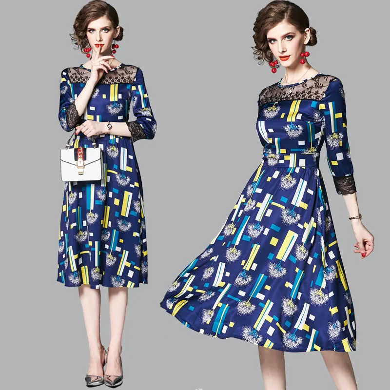 

Spring Clothing Floral Printed Dress Women's Mid-length 2019 New Style Three-quarter-length Sleeve Waist Hugging Slimming A- lin