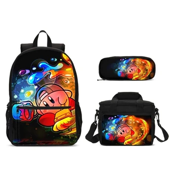 

3 Pcs Boys School Backpacks For Teen Girls School Bags Cartoon Kirby Kids Food Package Pencil Case Children Travel Bookbags Set