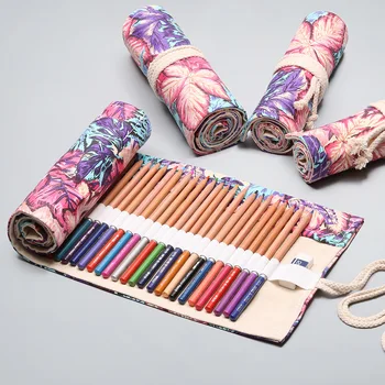 

36/48/72 Holes Handmade Canvas Flowers Style Colored Pencils Wrap Roll Up Pen Holder Case