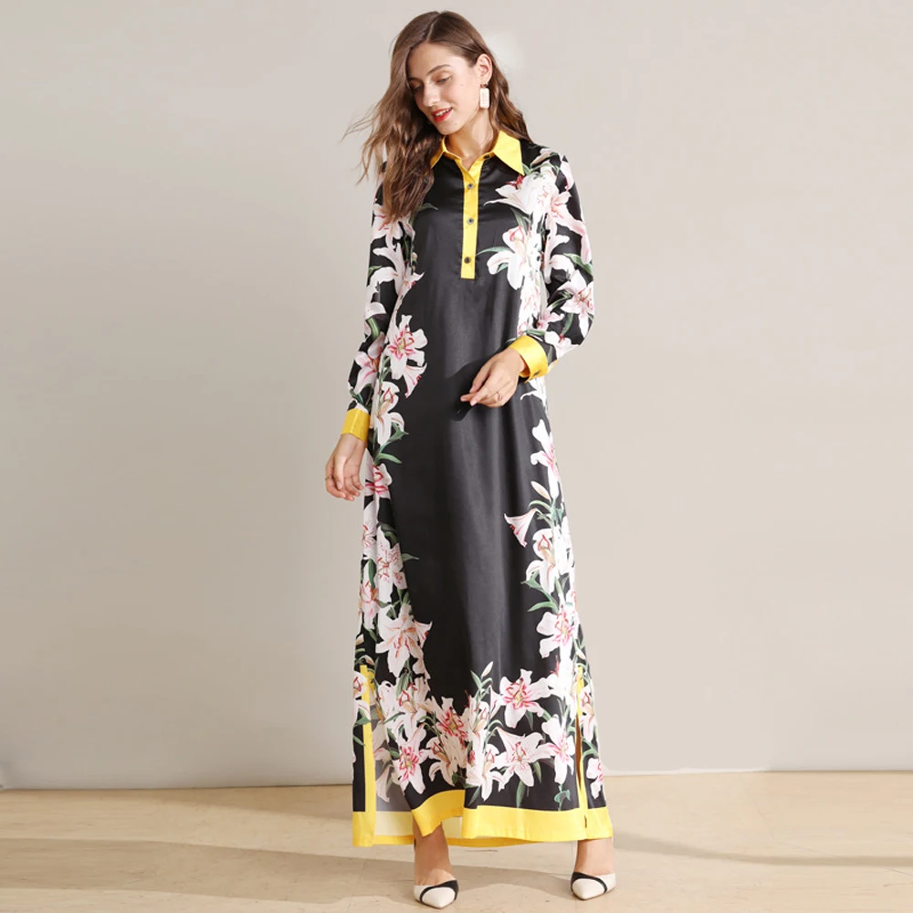 Runwaybox, осень, дизайнерское, длинное, макси, Vestidos, для женщин, длинный рукав, отложной воротник, цветочный принт, свободные платья, Robe Femme, Новинка
