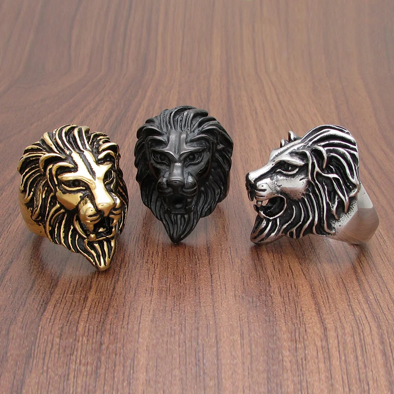 Punk 316L Stainless Steel Silver Color Gold Black Plated King Lion Head Ring Jewelry 3
