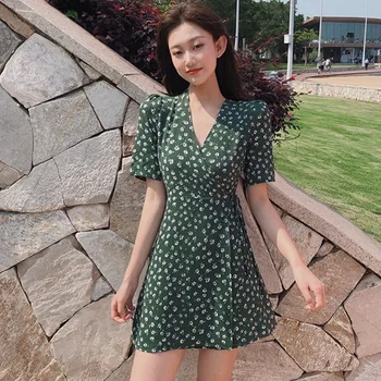 

Women Floral Chiffon Dress V-Neck Short Sleeve Vintage A-Line Knee-Length Dress Casual Slim Summer Beach Vestidos