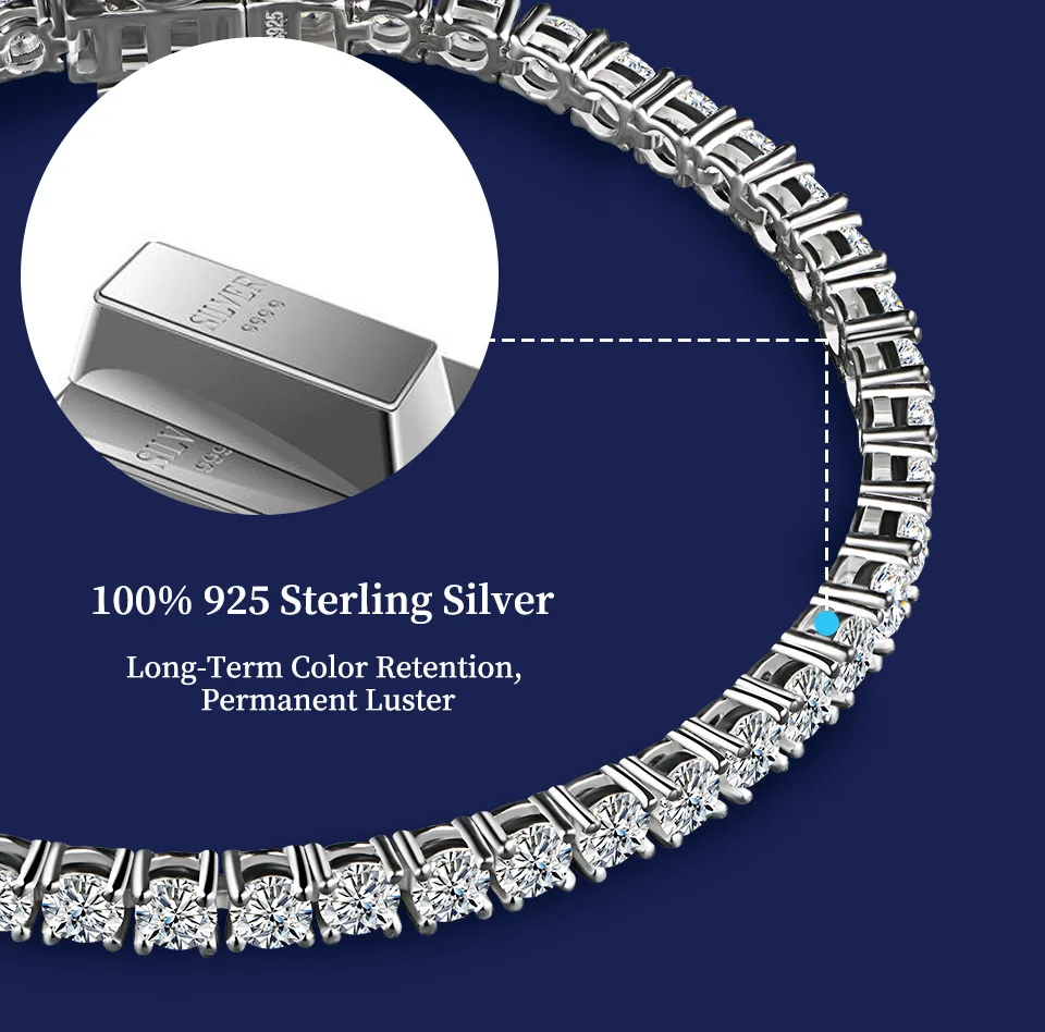 ATTAGEMS 4.0mm 5.0mm D Color Pass Diamond Tester GRC Round Cut White Gold Plated 925 Silver Moissanite Tennis Bracelet for Women