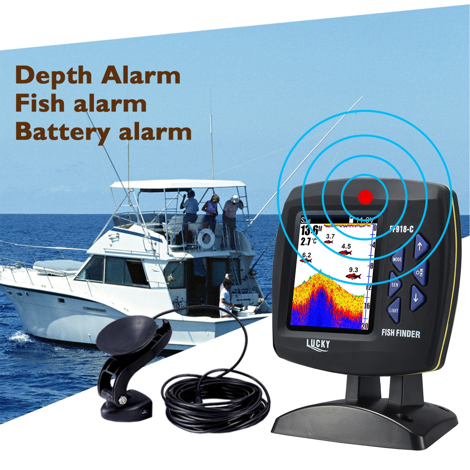 LUCKY Wired Fishing finder 180m / 590ft Depth Sounder Fish Detector F918-C180S Monitor LCD Locator Boat Fishfinder from a boat with fish finder