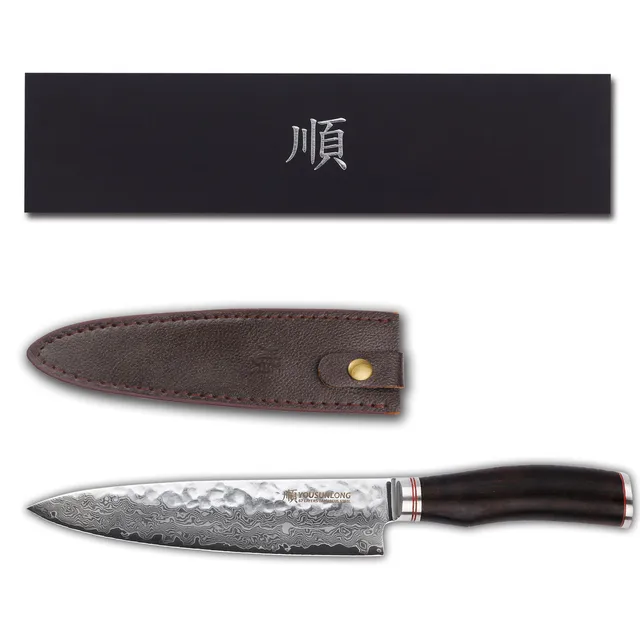 Yousunlong Séf Kése 8 Hüvelykes Gyuto Japán Vg10 Kalapált Damaszkusz Természetes Ébenfa Fogantyú Bőrhüvelykel - Image 5