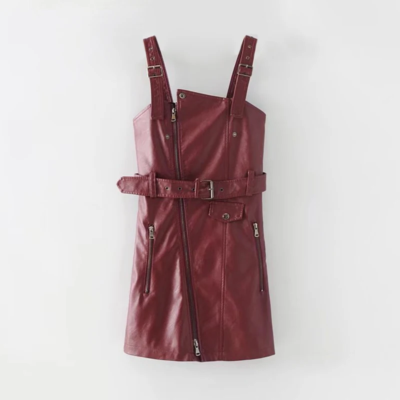 Wine Red Шикарное женское однотонное мини-платье из искусственной кожи трапециевидной формы без рукавов, обтягивающие женские платья, сексуальные платья с открытой спиной на молнии и поясом, уличная одежда, женское платье - Цвет: Wine Red