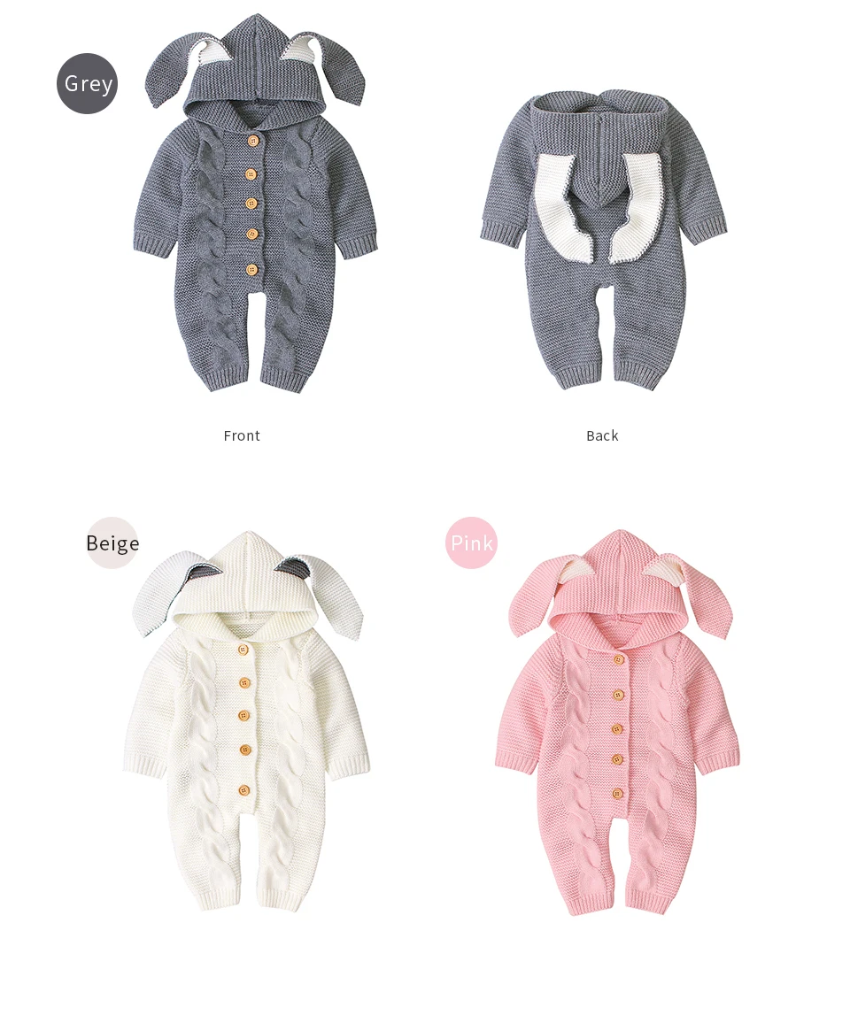 Осенние детские вязаные комбинезоны с кроличьими ушками; вязаные комбинезоны для новорожденных мальчиков; зимняя одежда с длинными рукавами; свитер для малышей; комбинезоны
