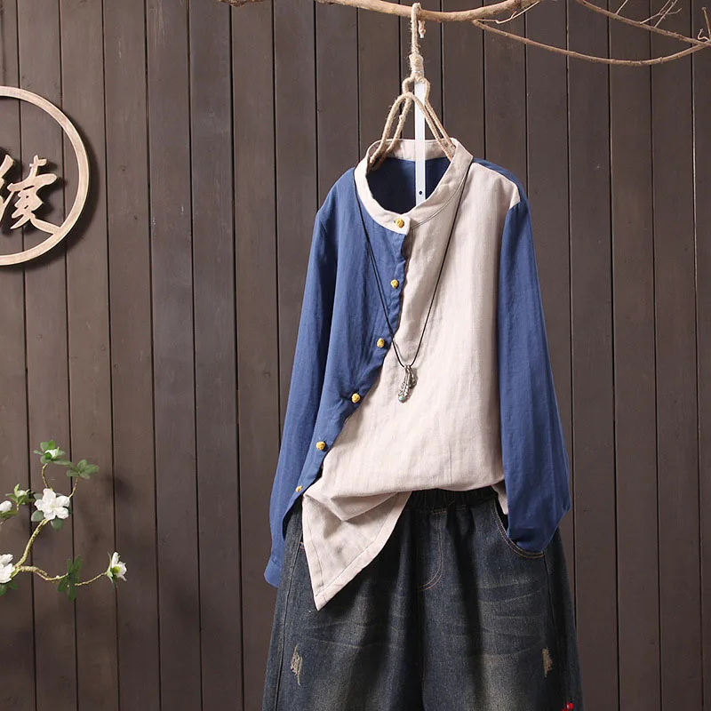 

Femme Blouse Contrast Mixed Color Slanted Button Cotton Linen Clothes Autumn Spring Long Sleeve Vintage Shirt Women Original Top