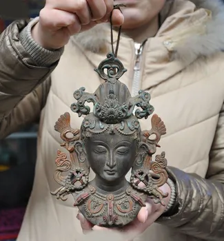 

wedding decoration 8" Old Tibet Temple Bronze Tara Goddess Kwan-yin Buddha Bust Wall Hanging Mask