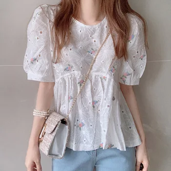 

Blouse Women Shirt Long Sleeve Elegant Hollow Embroider Ladies Casual Summer Sweet Elegant Streetwear Young Girl Fashion Korea