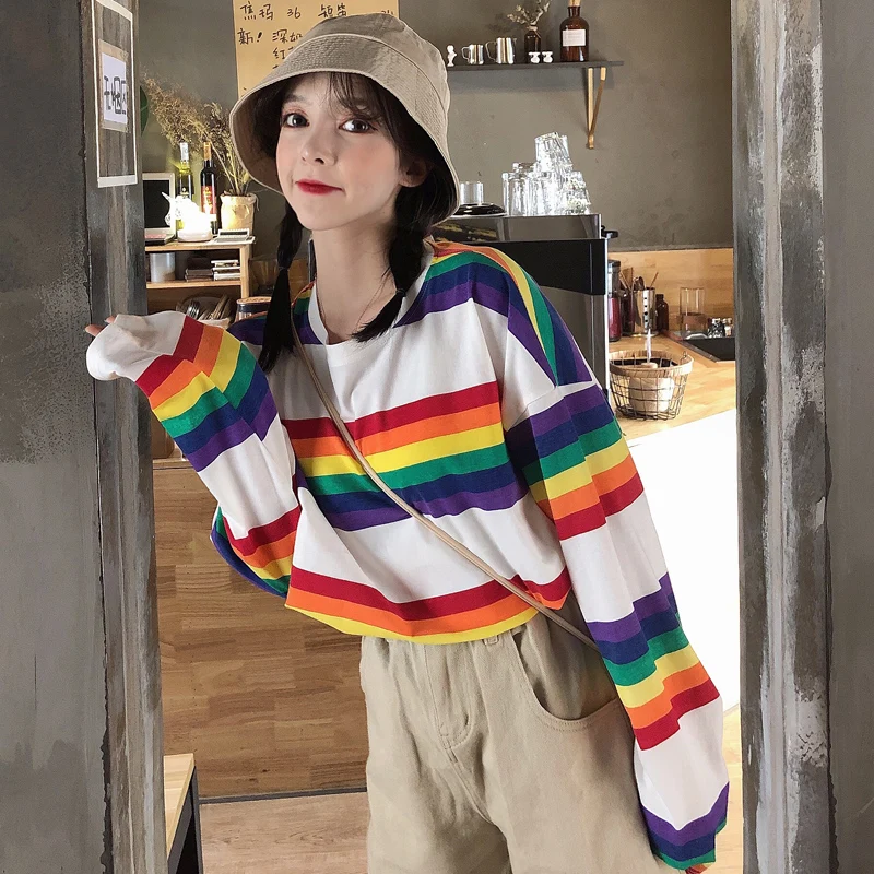 Женская футболка SAutumn Топы в Корейском стиле Ulzzang Harajuku Радужная полосатая футболка для женщин футболка с длинными рукавами женская повседневная одежда