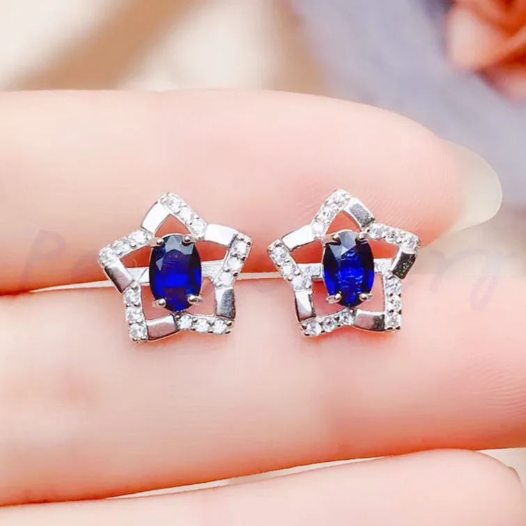 Натуральный сапфир звезда серьги-гвоздики 0.6ct* 2шт драгоценный камень 925 стерлингового серебра ювелирные украшения для мужчин или женщин# R982805