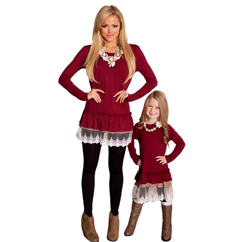 

Long Sleeve Dress Autumn Mommy and Daughter Matching Clothes Solid Casual O-Neck Women Baby Girl's Clothes Lace Dress Fall 2019