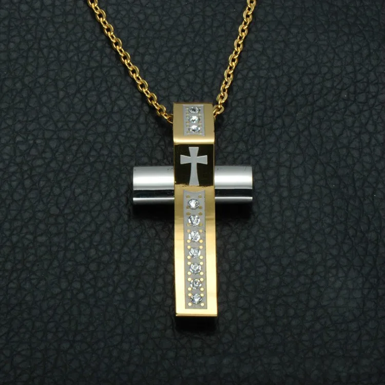 

Personality Silver Gold Two-tone Rhinestone Cross Necklace Pendant Motorcycle Party Hip Hop Gold Chain Men Women Jewelry