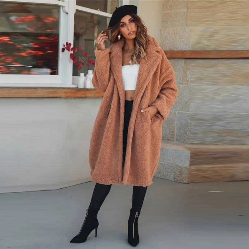 

Simple Fall Winter Large 4xl Casual Pockets Loose Cashmere Cardigan Coat Plus Size Solid Lapel Medium Length Warm Coat Jackets