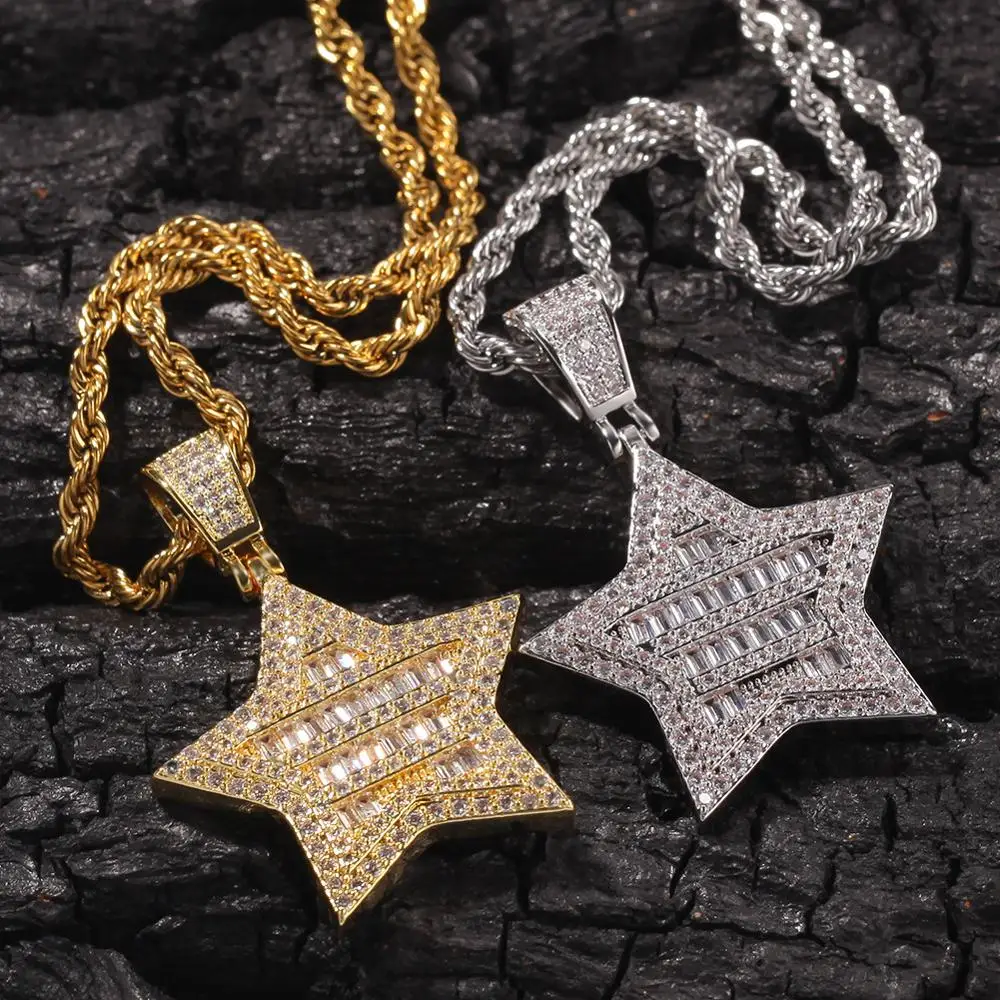 

Hip Hop AAA CZ Stone Paved Bling Ice Out Pentagram Star Pendants Necklace for Men Rapper Jewelry Gold Silver Drop Shipping
