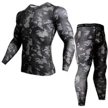 2 шт. спортивный костюм для мужчин сжатия ММА футболка с длинным рукавом Рашгард комплект камуфляж толстовка+ леггинсы фитнес термобелье