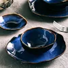 KINGLANG 1/2/4 Person Tableware Set Blue Color Ceramics Irregular Shape Dinner Set Dishes Plate 4