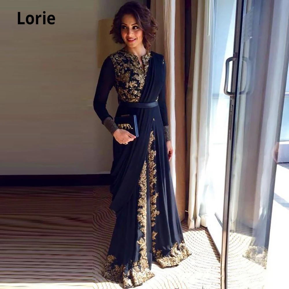 

Lorie 2020 Moroccan Kaftan Navy Evening Dresses Gold Lace Appliques Women Mother Dress Arabic Muslim Long Sleeve Prom Party Gown