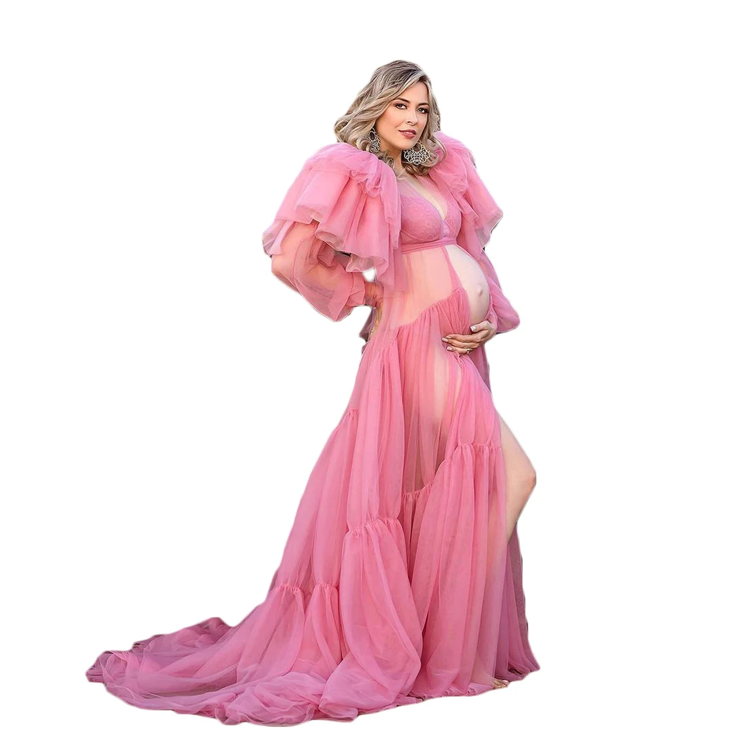 Maternity Women Sexy Shawls Dresses Pink Robes for Photo Shoot or Baby Shower Ruffle Tulle High Split Ladies Photography Gowns