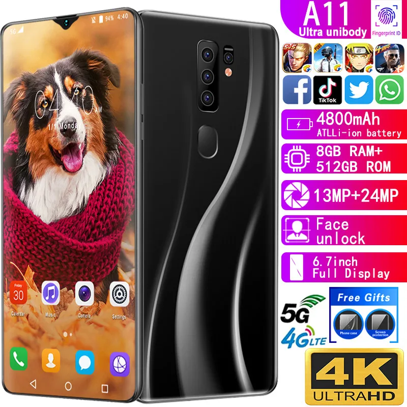 Mobile phone A11 Unlocked cell phones MTK6799 Cell phones Deca core 6.7inch cellphone 1440*3040 Smartphone 8GB+512GB 13MP+24MP