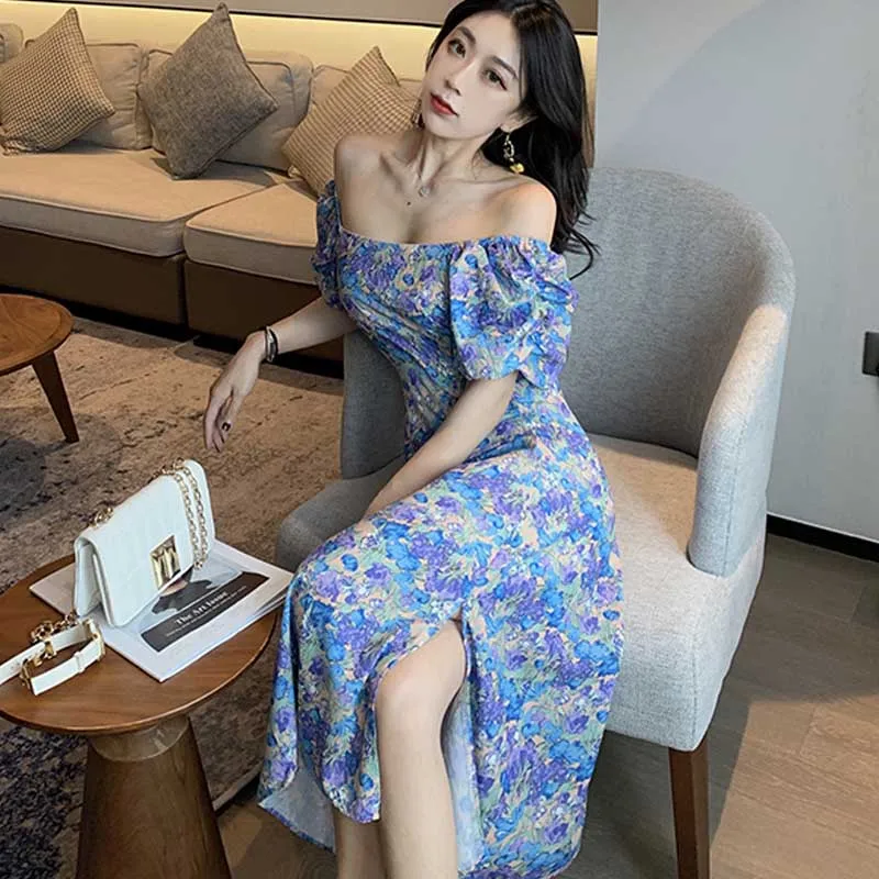 Vintage Chiffon Female Floral Print One-Piece Dress 2020 Summer Fashion Sexy Split Slim Puff Sleeve Dress Women Elegant Dresses