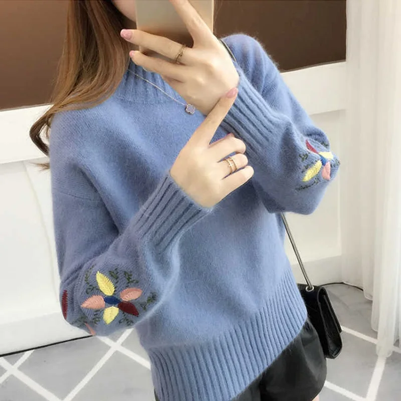 

Women Sweater Pullovers Basic Cashmere Knitted Turtleneck Autumn Winter Women Korean Style Fit Embroidery Floral Sweaters