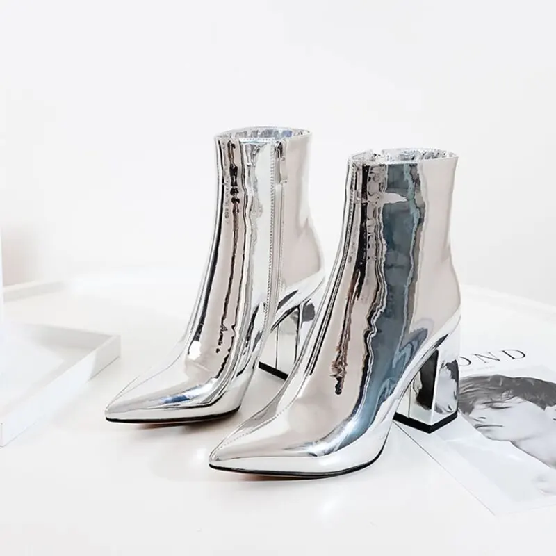 

New Fashion Patent leather Chunky High Heels Ankle Bootie Women's Pointed Toe Female Red Silver Office Daily Boots Size 34-43
