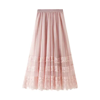 

Spring New 2020 Women Sweet Multi-layer Mesh Lace Stitching A-line Skirt Women's High Waist Skirts Elegant Party Falda