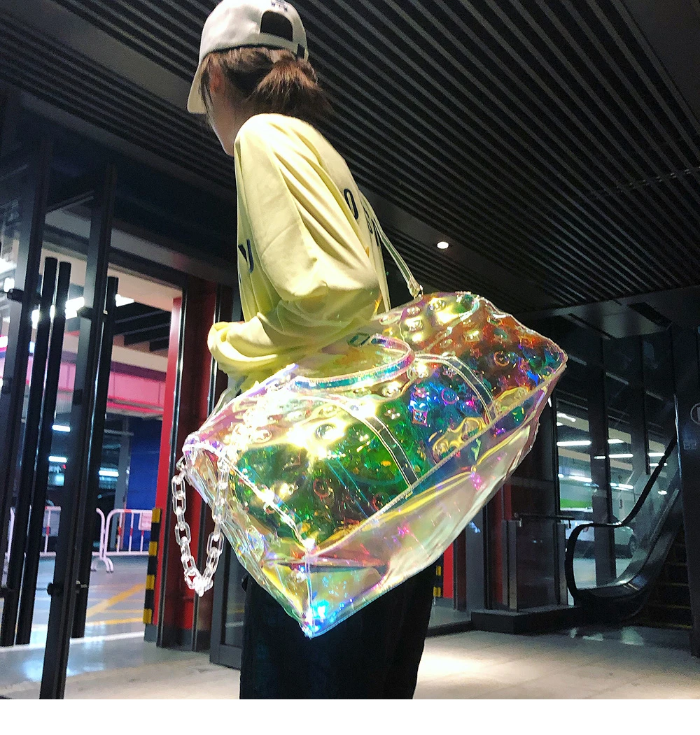 Laser colorful brand travel bag transparent bright luxury reflective fitness luggage bag slung carry on portable suitcase bag