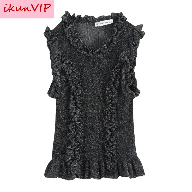 

2019 ZA women sexy agaric lace decoration knitting casual shirt sleeveless vest blouse female chic hem ruffles blusas tops