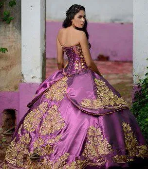 Бледно-лиловый Золотой бальное платье без бретелек Quinceanera бальный наряд золото платье для выпускного вечера с аппликацией Пышное Платье на шнуровке сладкий 16 платье в стиле «Принцесса»; vestidos