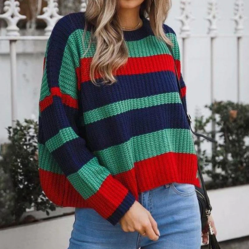 

Striped sweater Women 2019 New Female Knitted Sweaters Pullovers Femme O Neck Pull Loose Sweater Colorful Jumper Christmas Tops