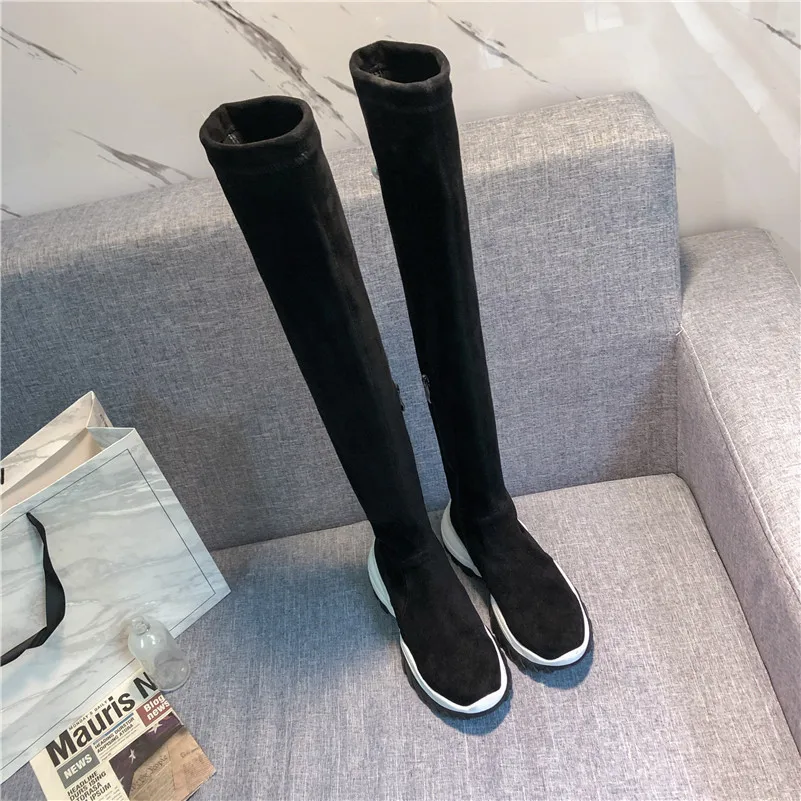 Meotina Winter Thigh High Boots Women Slim Stretch Flat Platform Over The Knee Boots Zipper Round Toe Shoes Lady Autumn Size 39