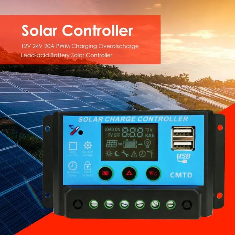 

20A 12V 24V Auto Solar Controller Practical Delicate Safety Fashionable Durable Solar Panel Regulator Dual USB PWM Controllers