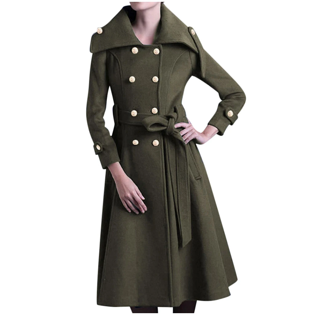 CHAMSGEND Autumn Winter Wool Jacket Women Double Breasted Coats Elegant Overcoat Coat Pockets Woolen Long Trench Coat 1028
