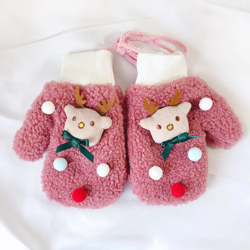 Baby Mittens Winter Gloves Kids Child Rope Fur Girls Boy Warm Fleece Christmas Deer Tree Gloves For Children Full Finger Mittens