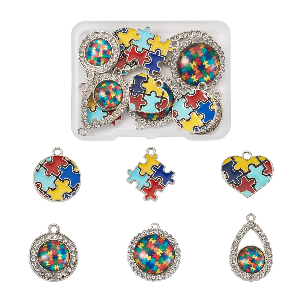 Pandahall 12pcs/box Alloy Enamel Pendants Charms Heart Cross with Puzzle for Jewelry Making DIY Bracelet Necklace Craft Finding