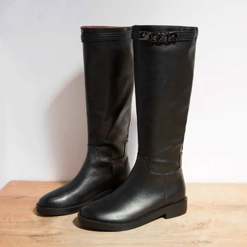 

Luxury brand high heel shoes women's riding boots cow leather metal decoration knight boots zipper thigh high boots botas mujer