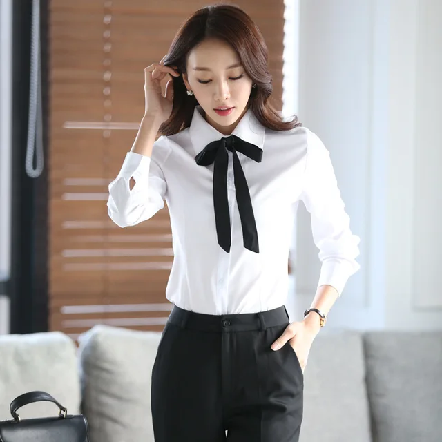 New Autumn White Shirt Women Blouse Long Sleeve Slim Work Blouse Plus Size Shirts Women's Office Casual Blouses Fashion Bow Tops White-Bow