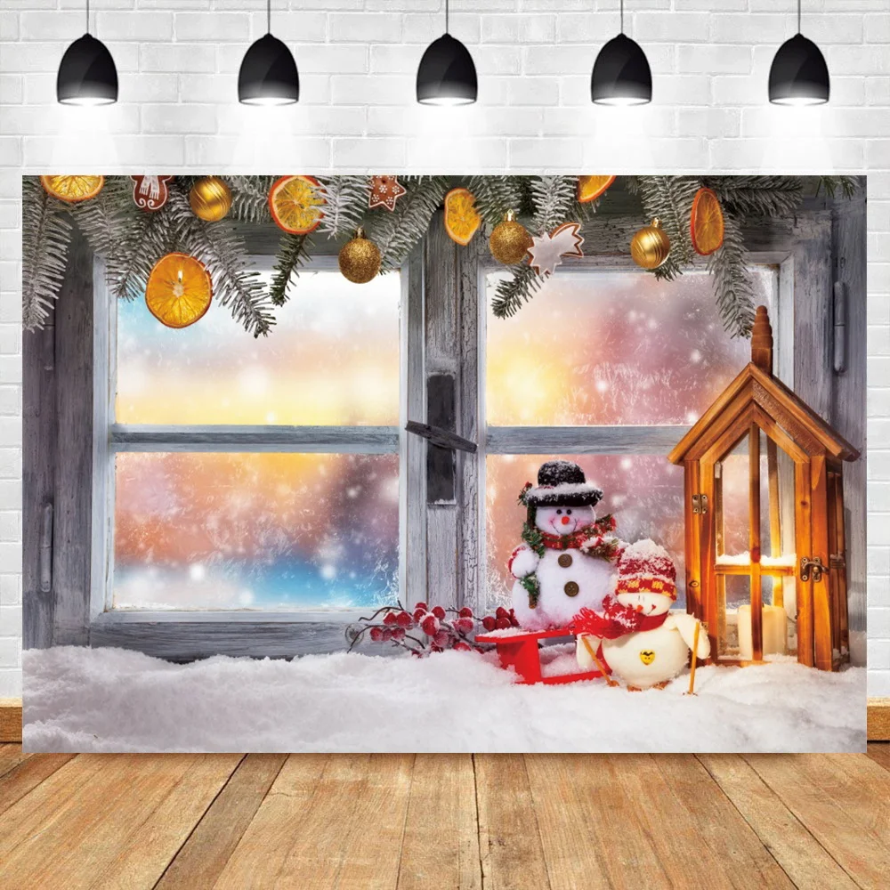 

Laeacco Winter Snow View Vinyl Background Christmas Pine Leaves Windowsill Snowman Candle Baby Portrait Photography Backdrop