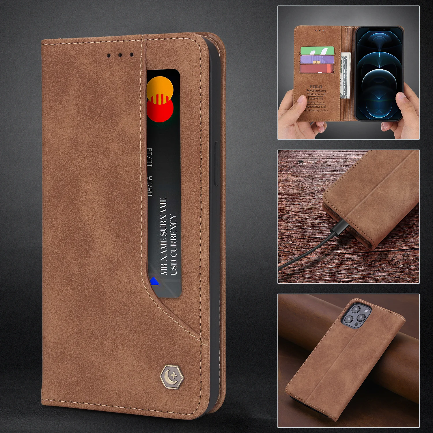 

Leather Wallet Phone Case For iPhone 14 13 12 Mini 11 Pro Max X XS XR XsMax 6 7 8 Plus SE 2020 Flip Card Slot Phone Case Cover