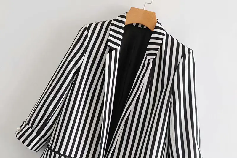 

Kd08 Autumn Korean-style WOMEN'S Wear New Style Stripes Contrast Color Turn-down Collar Coat Workwear Commuting Outdoor Pearl Cl