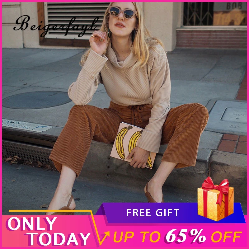 Beigerfayl/вельветовые широкие брюки цвета хаки; Pantalones Mujer Cintura Alta; повседневные женские повседневные штаны со шнуровкой; коллекция 2019 года; CK9126